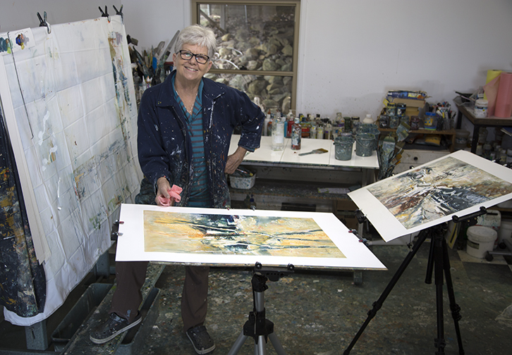 Lyne Marshall working in her much loved paint splattered studio in 2018
