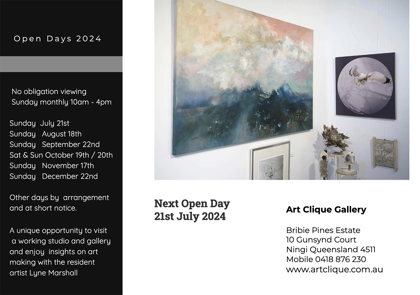 Art Clique Gallery of Lyne Marshall at Ningi, July and other open dates for 2024