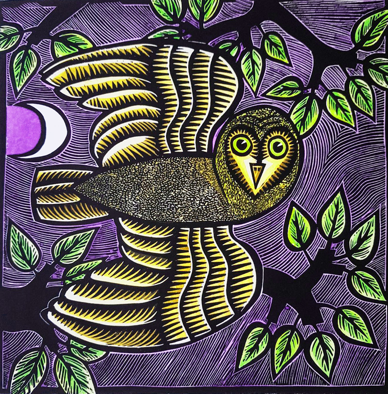 Nicky Carey Boo-Book Boo Original Hand Cut Lino Hand Coloured 2024 30x30cm $650 framed $350 unframed